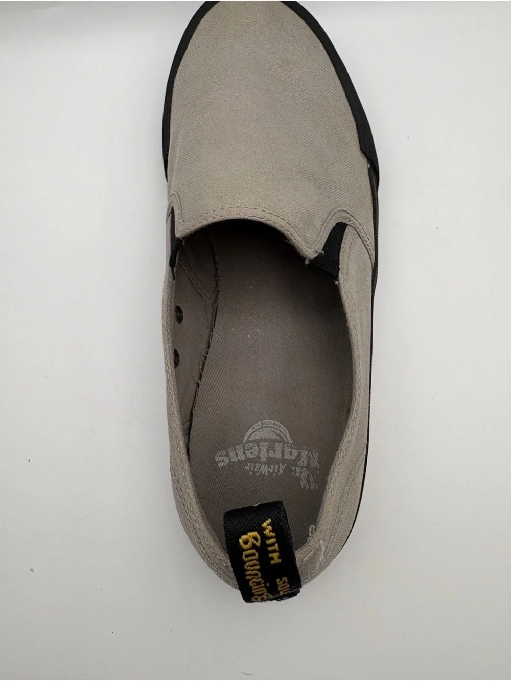 Dr. Martens Beige Canvas Slip-On Loafers with Black Sole and Gold Stripe